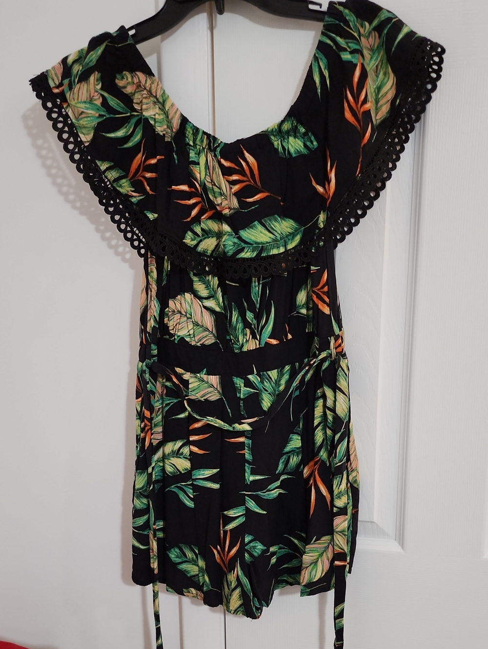 Gilli Black Tropical Print Off-Shoulder Romper with Green & Orange Leaves